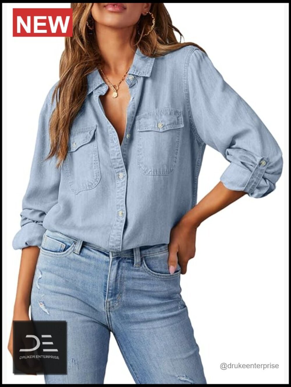 Button Down Denim Shirt Long Sleeve V Neck Chambray Blouse Top